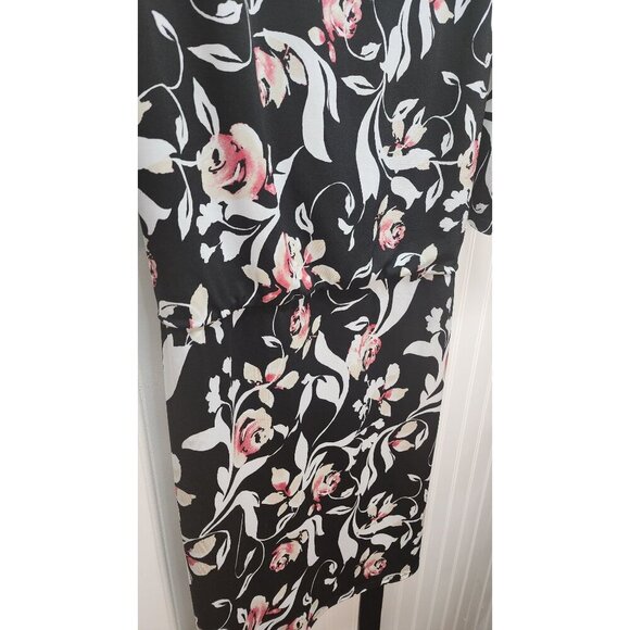 White House Black Market Floral Print Black & Pink 3/4 Sleeve Dress With Waist T - Picture 3 of 9